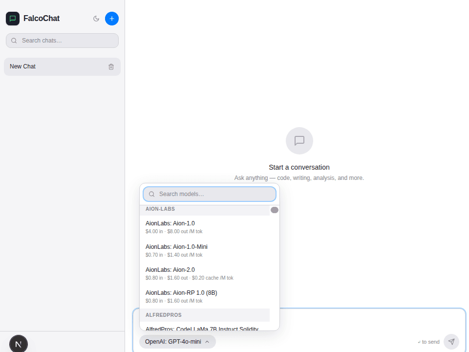 Model selector showing AI models with pricing